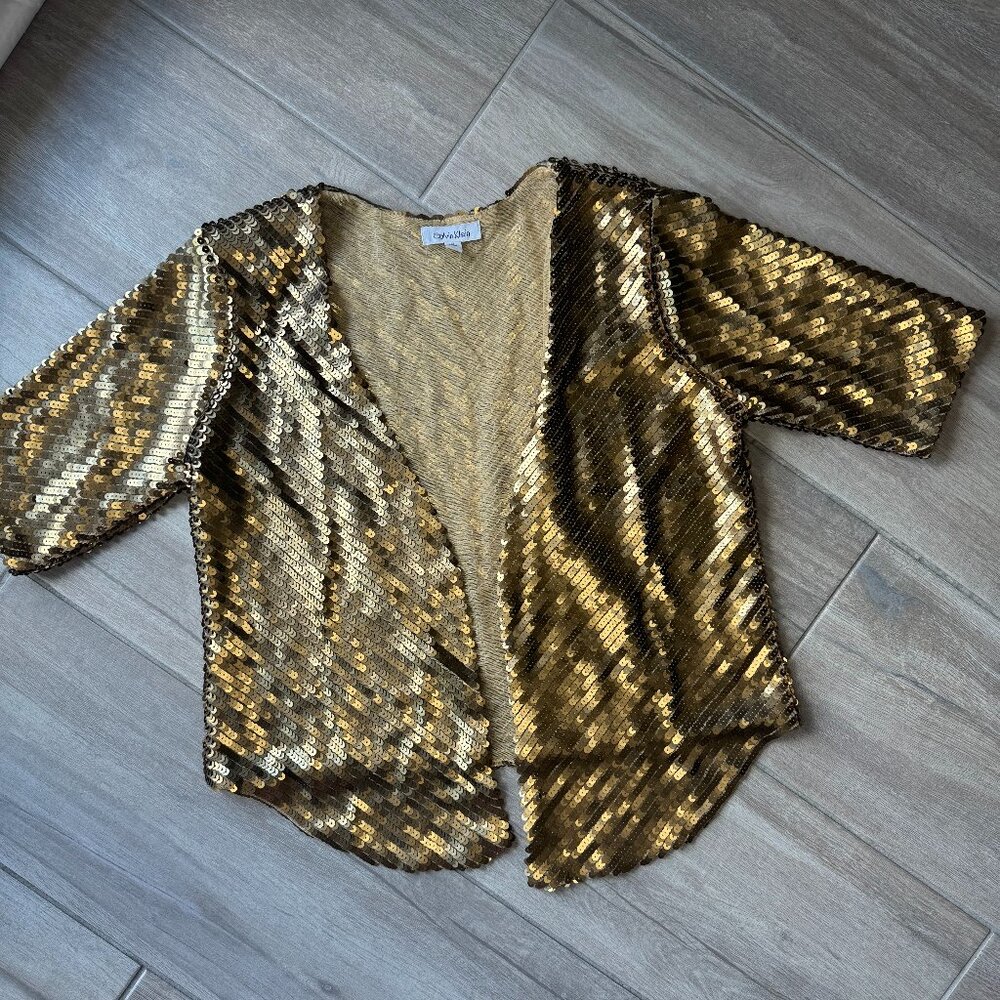 Calvin Klein Gold Sequin Shrug Cardigan Layering Top - Size Medium